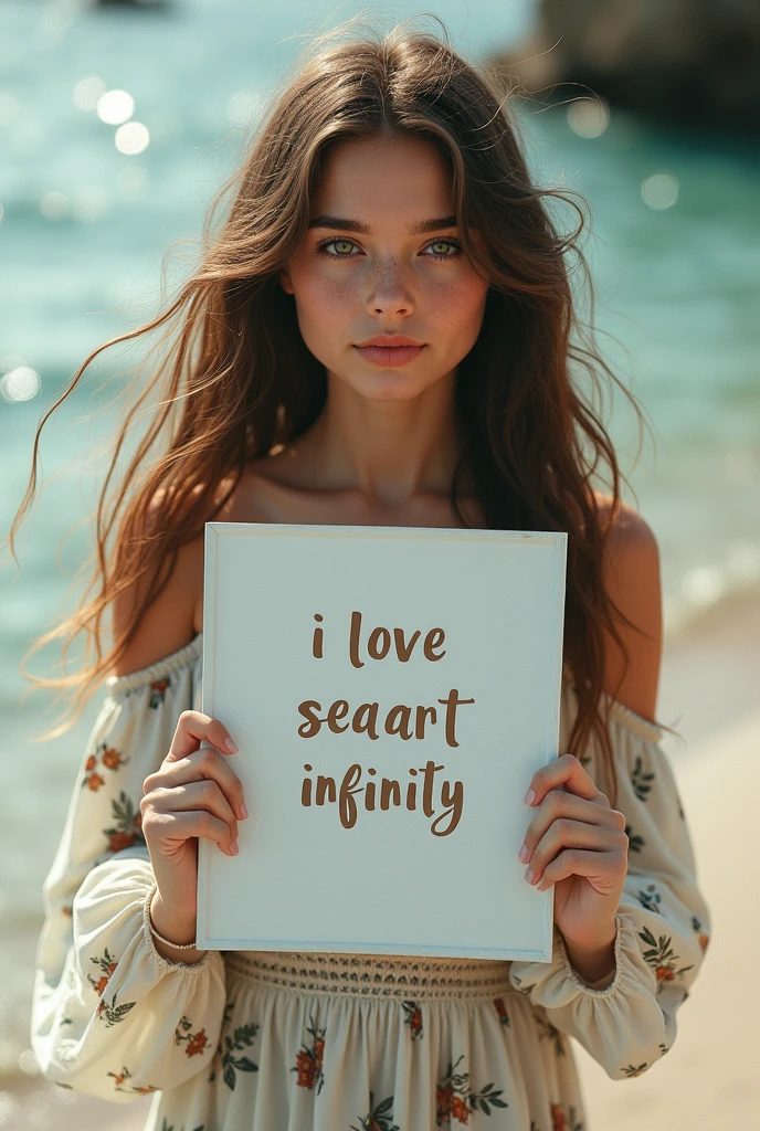 Beautiful girl with wavy long hair, bohemian dress, holding a white board with text "I Love Seaart Infinity" and showing it to the viewer