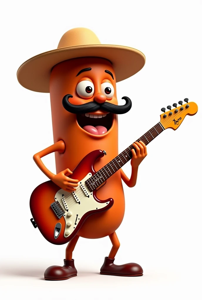 A choripán with a hat and a mustache playing an electric guitar energetically on a white background