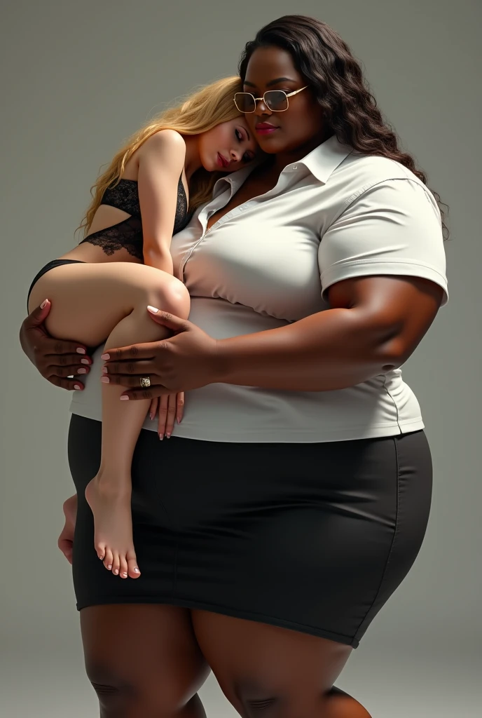 Create a realistic image of a 20 year old woman, obese, with black and dark skin, wearing a white shirt and black skirt and glasses, lifting a 2 woman from the ground and carrying her on her shoulder, who is lying on their back, with light white skin, blonde hair long, slim body, with a long, tight black blouse and wearing black lace lingerie 