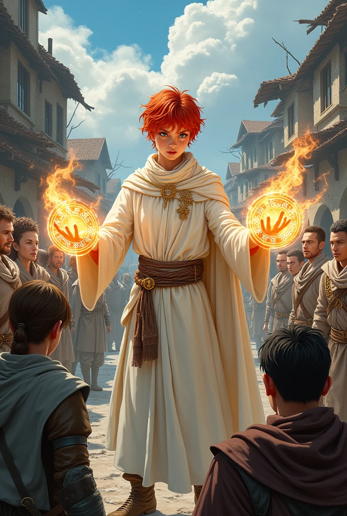 Fantasy Art, DND cover art, role playing art, dungeons and dragons Arte tipo manga, Young red-haired cleric wizard in white robes healing allied soldiers with magic circles in a destroyed village