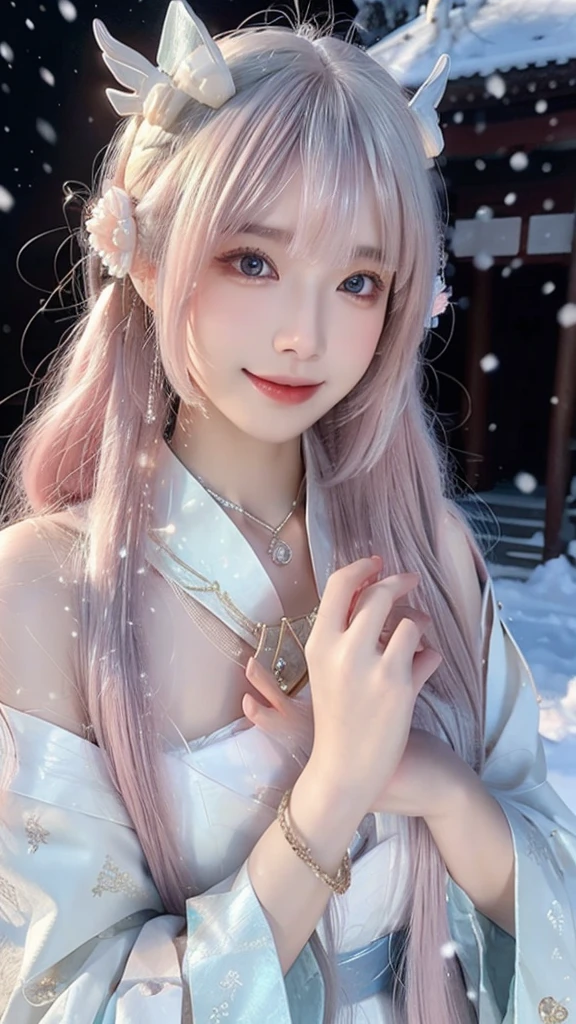 Works of masters,Best image quality,Ultra-high resolution,8K resolution,first person perspective,s the perfect face,Glowing skin,Exquisite facial features,solo person,FEMALES,ssmile,long whitr hair,Pink hair,crossed bangs,Wave head,Bracelet,Collar,during,Hanfu,snowflower,Winters,temple,New Year,Opal rendering,Cinematic lighting,Winter snow method