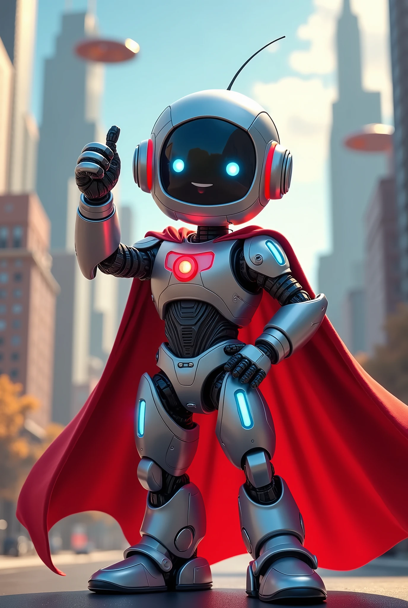 Friendly robot with red superhero cape,
giving a thumbs up