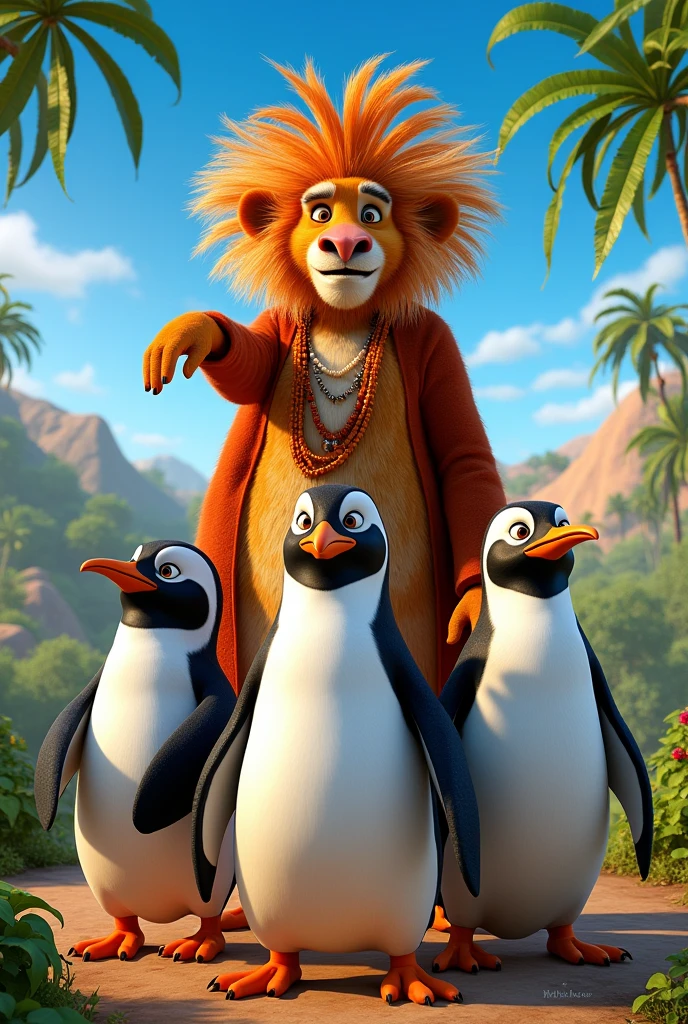 create the madagascar movie poster with the movie characters, with emphasis on the penguins and King Julien