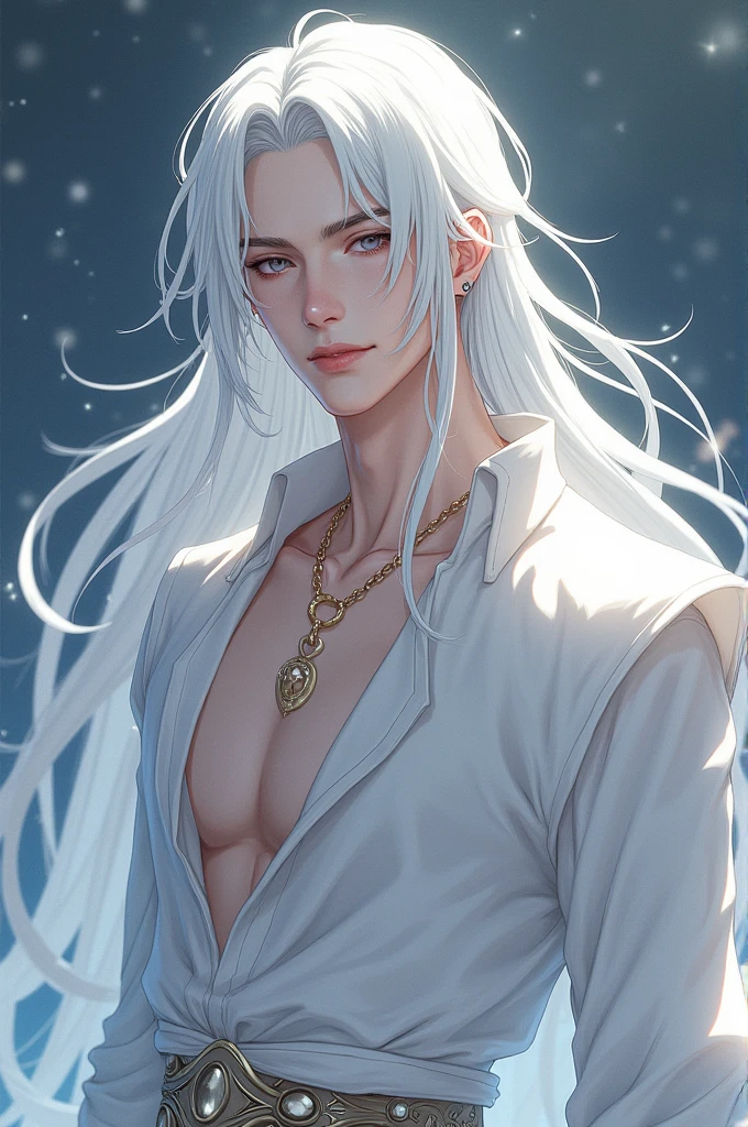 Androgynous young man, very long wavy blond hair, tight-fitting clothing, kemonomimi, fox ear, fox tail, different-colored eyes, light-colored eyes, long eyelashes, looking at camera, close-up portrait, man, garden, flower, one gray eye and one blue eye, bare torso.