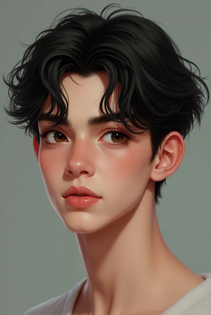HUMAN. Male, white skin, black hair, medium thin, black eyes. seventeen years. Boyfriend material. Very real face, Bambi eyes, pouty