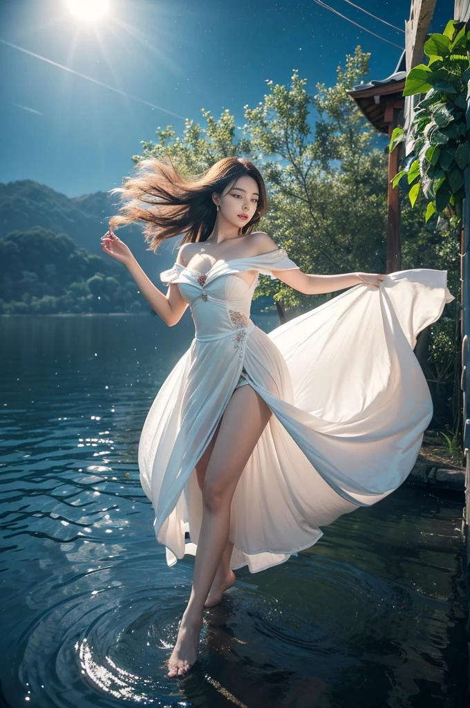 ((full body)), ((from below)), (masterpiece, best quality:1.2), 1 girl, alone, ((off-the-shoulder clothes)), ((night)), lantern, candlelight, In the depths of Wonderland,The moonlight falls like water,foggy room,The figure of the heroine is vaguely visible,Just like the fairy in the painting,Slender sexy legs,very nice legs,Show off sexy legs,big breasts,Beautiful with a hint of mystery。Her face is beautiful and delicate,Like finely carved jade,Showing otherworldly beauty。The eyebrows are picturesque,The waves in my eyes are like twinkling stars,Show the light of perseverance and wisdom。The bridge of the nose is straight,Lip color like cherry,The slightly raised corners of the mouth reveal confidence and calmness。Her face is well defined,The skin is as fair as jade,Reveals a healthy glow,Just like fairies, She never eats fireworks in this world。Her makeup is light and delicate,Not too much embellishment,But enough to show her temperament and charm。Light-colored foundation brings out the transparency of the skin,A light eyebrow pencil outlines her perfect eyebrow shape,Eye makeup is eye shadow and eyeliner,Make her eyes brighter and more energetic。Lips painted with grace lipstick,Adds a bit of charm and sophistication。Her clothes are graceful and chic,Clothes fluttering,It seems like it will be blown up by the wind at any time,drifting into the distance。Without losing grace,Also showed off her extraordinary skills。Rocking with her movements。Her hair is tied back casually,Secure it with a hosta,A few strands of hair are fluttering gently in the wind,Adds a bit of softness。Her figure is looming in the fairyland,Like a beautiful landscape with big breasts,Attracted everyone's concern。She seems to be a fairy in wonderland,Big breasts beautiful、grace、mystery、and full of power。