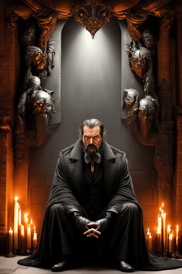 A menacing man with a long, grey handlebar mustache and a thick, dark beard sits on a towering, jet-black throne with sharp, angular designs that exude power and authority. His eyes, intense and piercing, stare directly at the viewer from behind large, round, non-transparent sunglasses, creating an unsettling aura. He wears a muted orange velvet suit with a dark green polka-dot bowtie, but the colors are dulled, almost shadowed by the dim, flickering light in the room.

Resting on his lap is a sleek, black cat with glowing, terrifying eyes that seem to peer into the viewer's soul. The cat's fur is sleek, and its presence adds a layer of foreboding to the scene. The man’s hands rest firmly on the throne's armrests, fingers subtly curled as if ready to command or judge.

The throne room is dark and imposing, with cold stone walls and minimal decoration, save for a few jagged, black banners hanging behind him. The wallpaper is a deep, almost black, green with faint gold accents that only become visible in the firelight from a roaring fireplace to his side. The flames cast eerie, dancing shadows across the room, enhancing the sense of dread and power that the man exudes as he looks directly at the viewer, as if ready to deliver a harsh and final judgment.