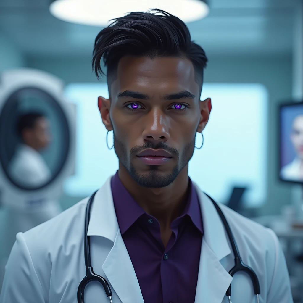 Photograph headshot, very tall French featured male model, wavy-curl-wavy side parted hair, shaved, toned body, ebony skin, vibrant purple eyes, tall thin toned body. Gentle smile expression. Doctor coat, dark purple shirt, modern sci-fi hospital office.