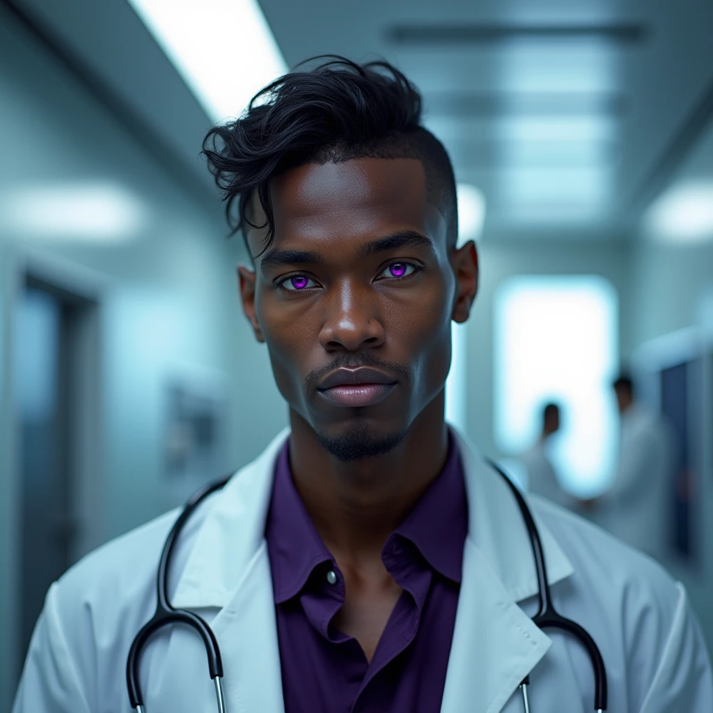 Photograph headshot, very tall French featured male model, wavy-curl-wavy side parted hair, shaved, toned body, ebony skin, vibrant purple eyes, tall thin toned body. Gentle smile expression. Doctor coat, dark purple shirt, modern sci-fi hospital office.