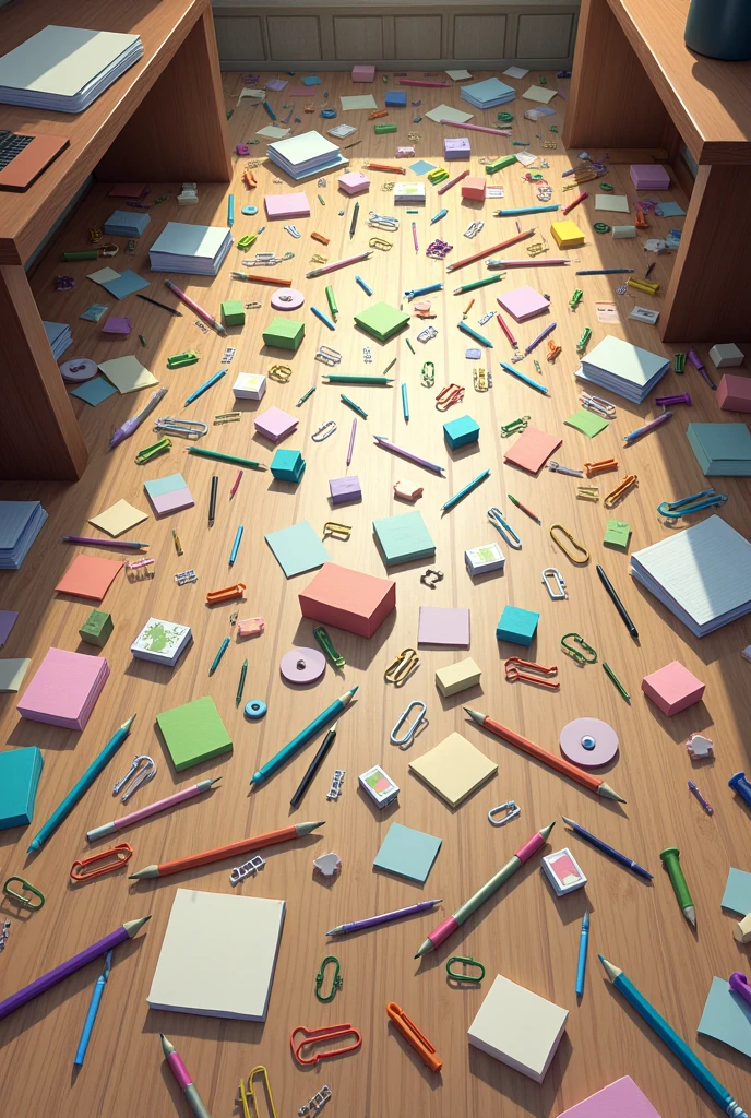Unorganized stationery on the floor