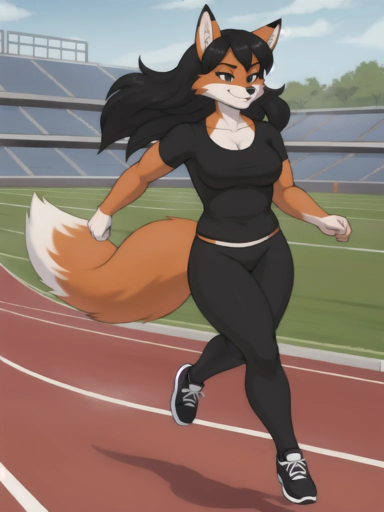 Furry, fox, female, black shirt, black leggings, shoes, running track, friends, full body