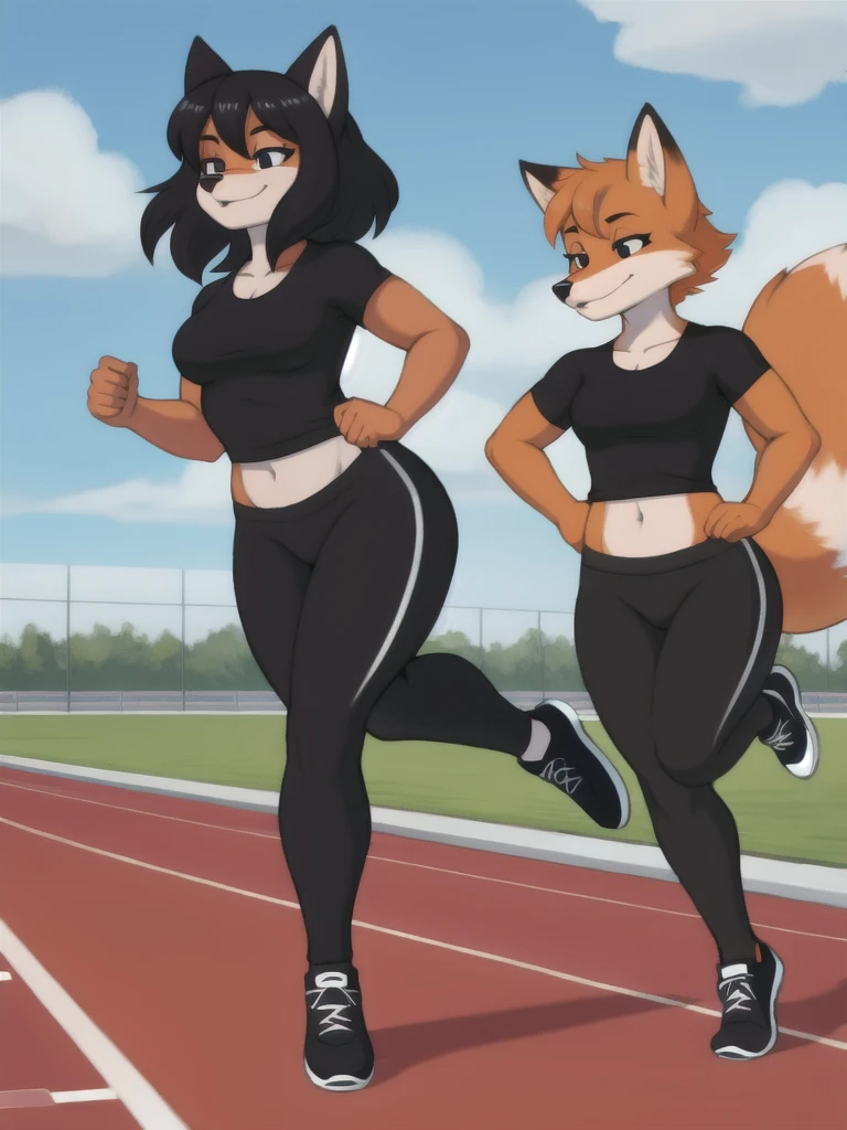 Furry, fox, female, black shirt, black leggings, shoes, running track, friends, full body