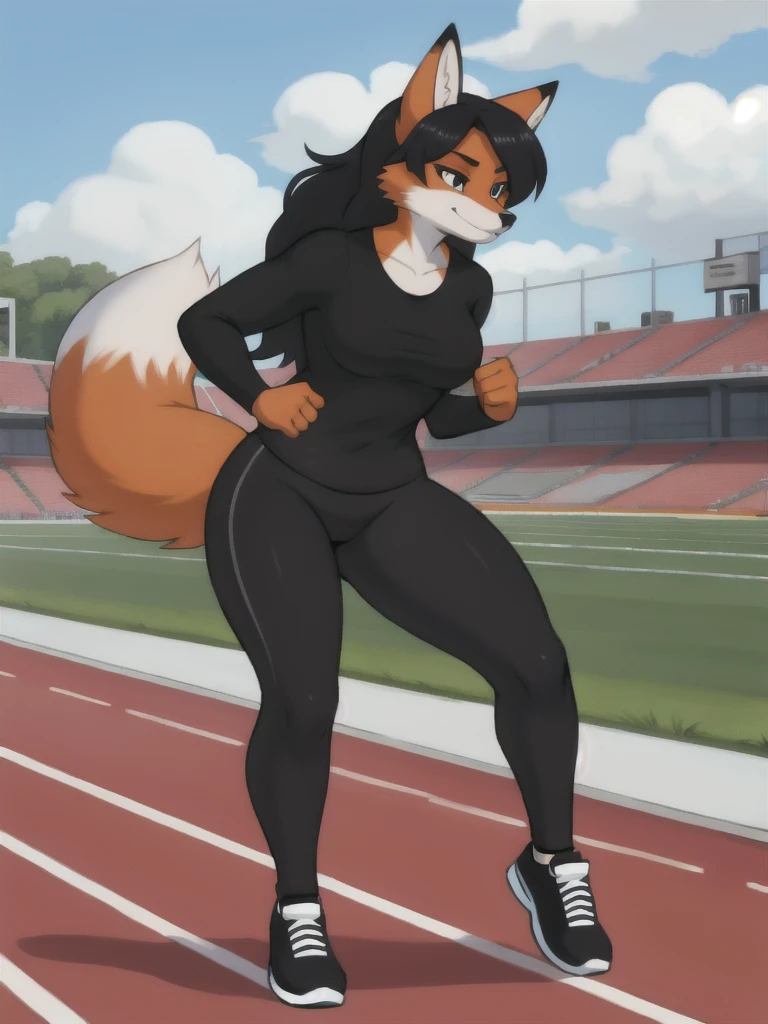 Furry, fox, female, black shirt, black leggings, shoes, running track, friends, full body