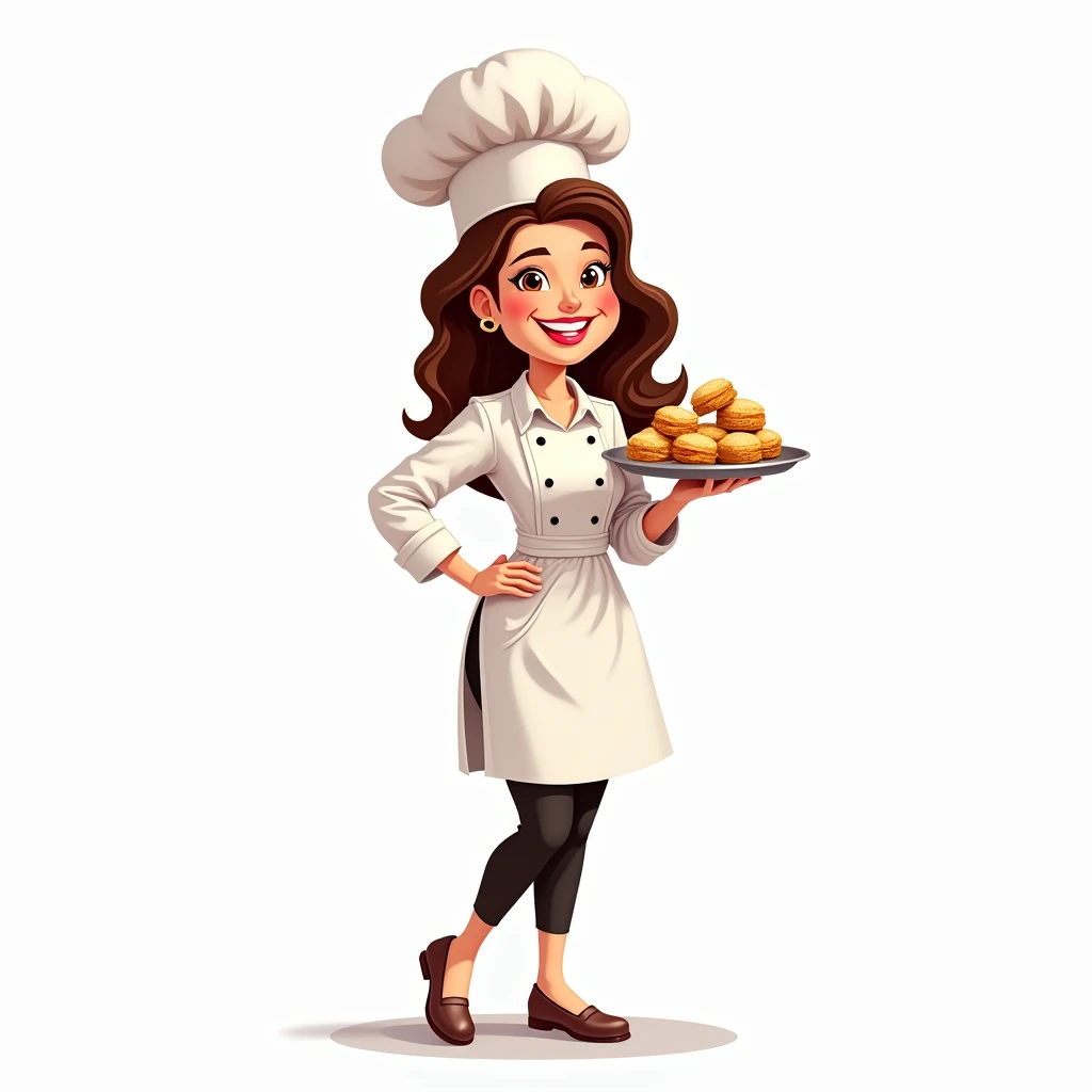 Make me a full body mascot logo about coconut macaroons make the mascot hold the coconut macaroons and make the backround white make it a human adult woman make her wear a chef attire make it so that i can see the chef hat and the body dont make it 3d