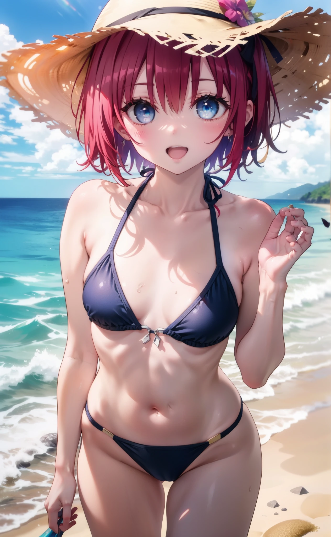 Kurosaki mea,Redhead,Long Hair,Purple eyes,Open your mouth,smile,Straw hat,Black string bikini swimsuit,Pareo Swimsuit,Belly button,abdomen,barefoot,Sandy Beachを散歩している,Walking,Clear skies,True Summer,Daytime,whole bodyがイラストに入るように,
break looking at viewer,whole body,
break outdoors, Beach,Sandy Beach,
break (masterpiece:1.2), Highest quality, High resolution, unity 8K wallpaper, (shape:0.8), (Beautiful and beautiful eyes:1.6), Highly detailed face, Perfect lighting, Highly detailed CG, (Perfect hands, Perfect Anatomy),