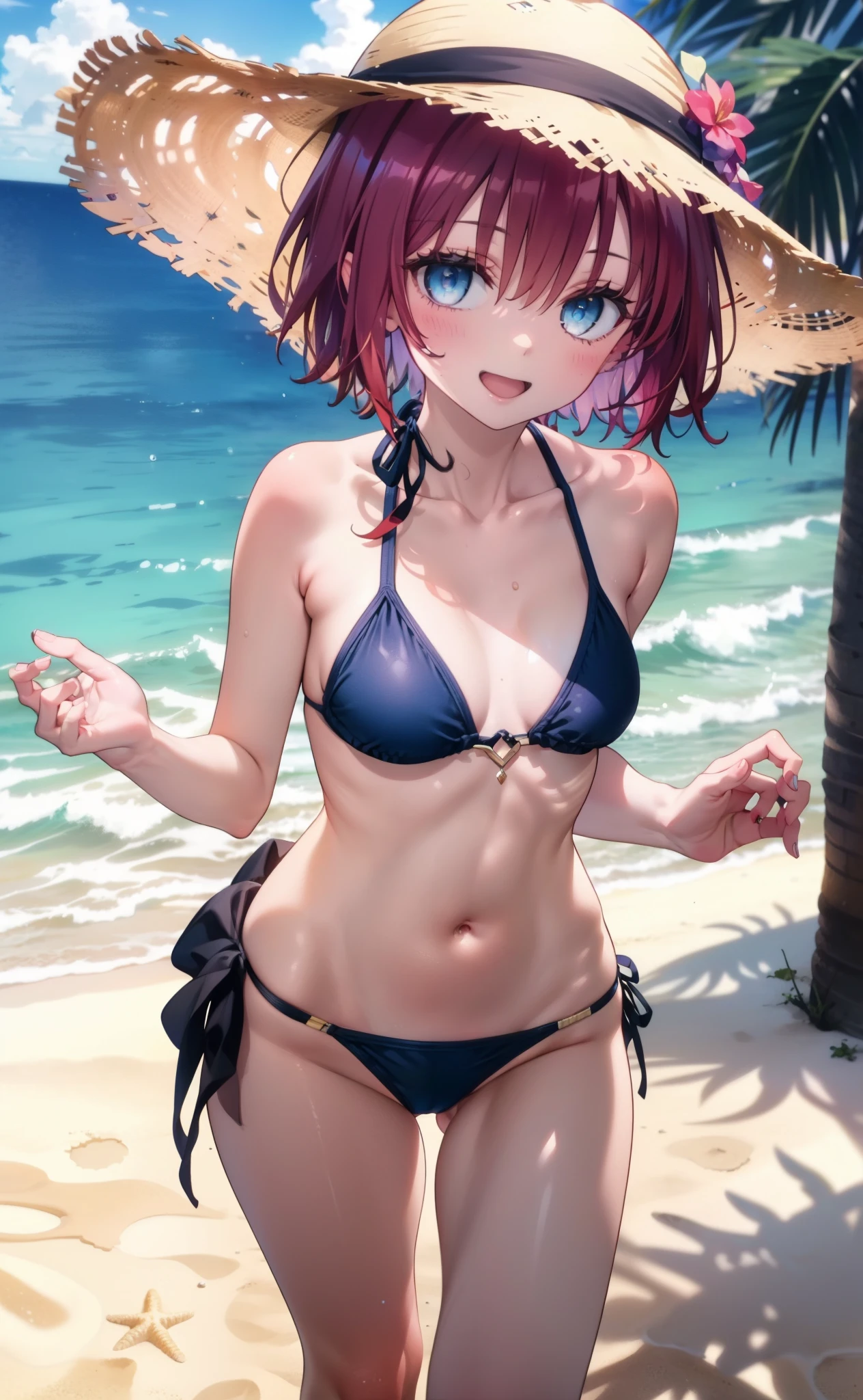 Kurosaki mea,Redhead,Long Hair,Purple eyes,Open your mouth,smile,Straw hat,Black string bikini swimsuit,Pareo Swimsuit,Belly button,abdomen,barefoot,Sandy Beachを散歩している,Walking,Clear skies,True Summer,Daytime,whole bodyがイラストに入るように,
break looking at viewer,whole body,
break outdoors, Beach,Sandy Beach,
break (masterpiece:1.2), Highest quality, High resolution, unity 8K wallpaper, (shape:0.8), (Beautiful and beautiful eyes:1.6), Highly detailed face, Perfect lighting, Highly detailed CG, (Perfect hands, Perfect Anatomy),