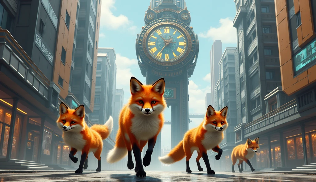 FIERCE FOXES RULE IN A FUTURISTIC URBAN PLACE, GET OUT OF THE WAY. LARGE CLOCK ON A BUILDING
