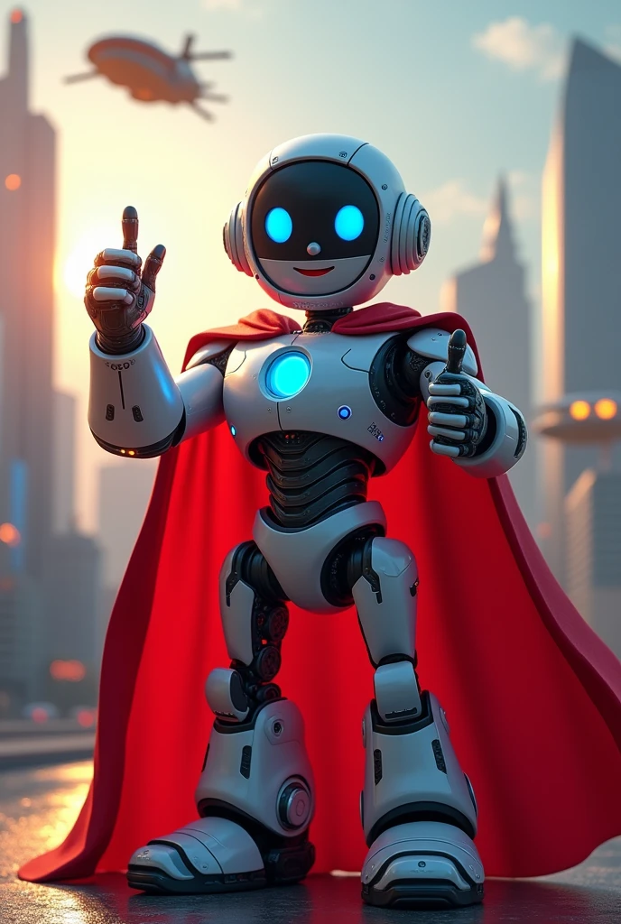 Friendly robot with red superhero cape,
giving a thumbs up