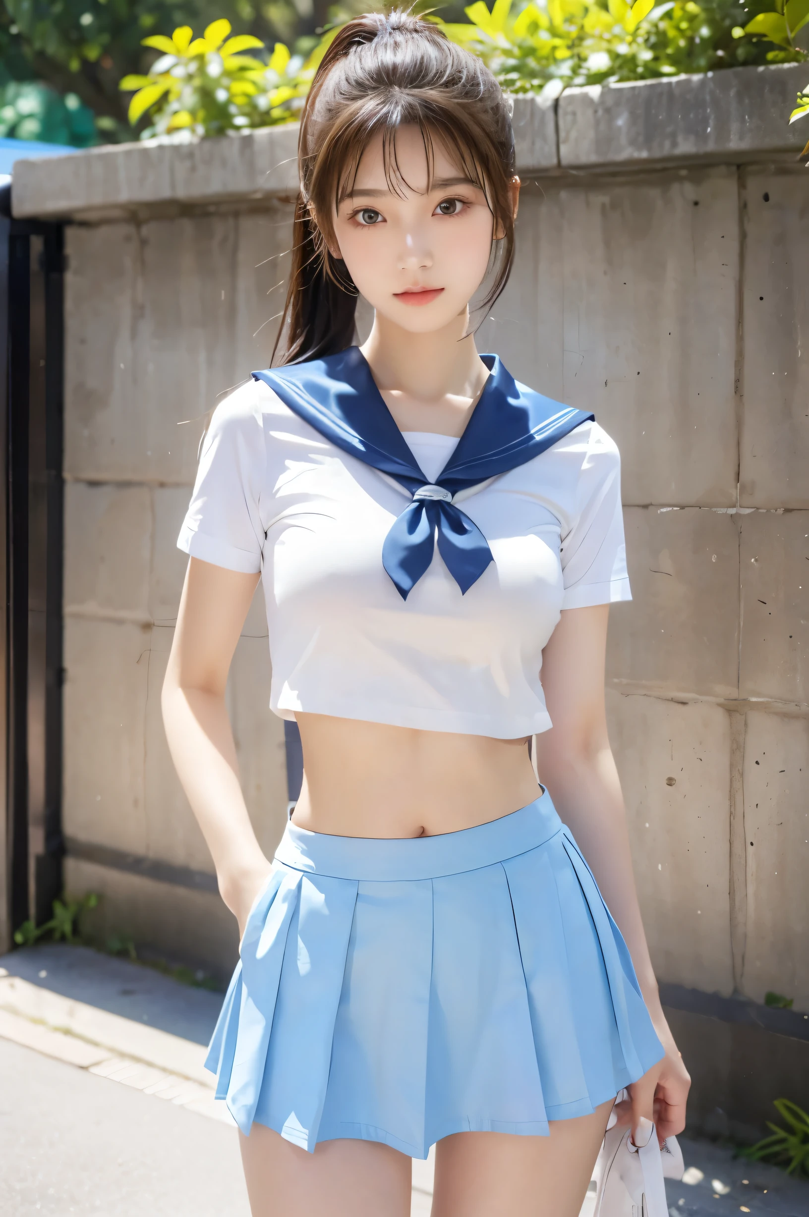 (Ultra HD), (Looking at me), (The whole body is shown), (Light blue short sleeve sailor uniform, Light blue low rise mini skirt), , slender, Narrow waist, (The belly button is vle:0.6), (Thin legs:1.2), (Thin thighs:1.2), (Thin Hips:1.4), (Beautiful Skin, Shiny skin, White skin), (Super slim face, Super beautiful face, No makeup, Smile:0.6), (light brown, ponytail, Layered Cut, Fluffy hair), (double eyelid, Slanted Eyes), Small Nose, Thin lips, Are standing, In front of the school gate
