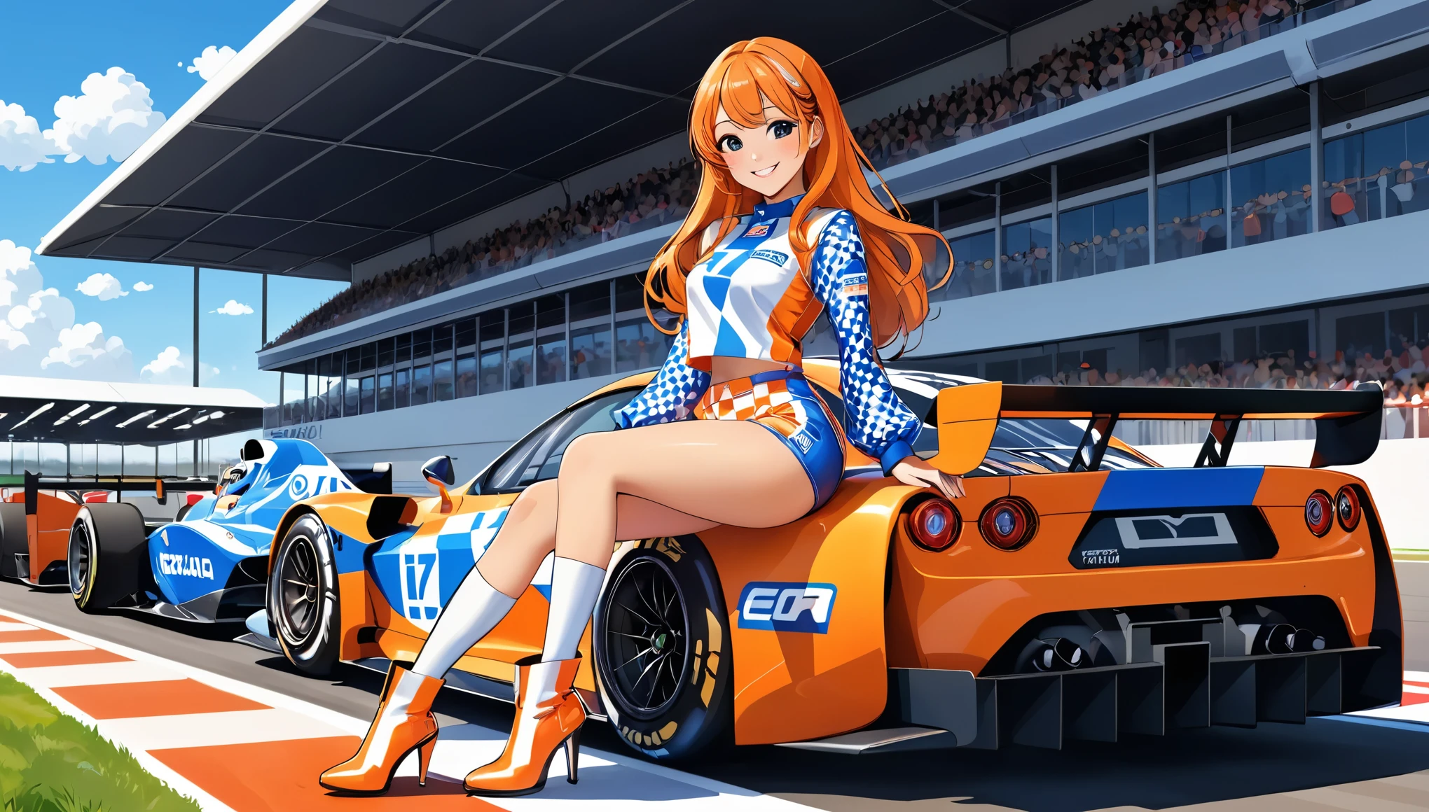 anime style illustration.Grid Girl illustration. The character is wearing a grid girl outfit. The outfit is a shiny orange and white outfit with a short top, blue and white patterns on the sleeves, and tight high-leg shorts on the bottom. She is wearing high-heeled boots. She has a bright, confident smile. In the background are the circuit pits and a row of racing cars.