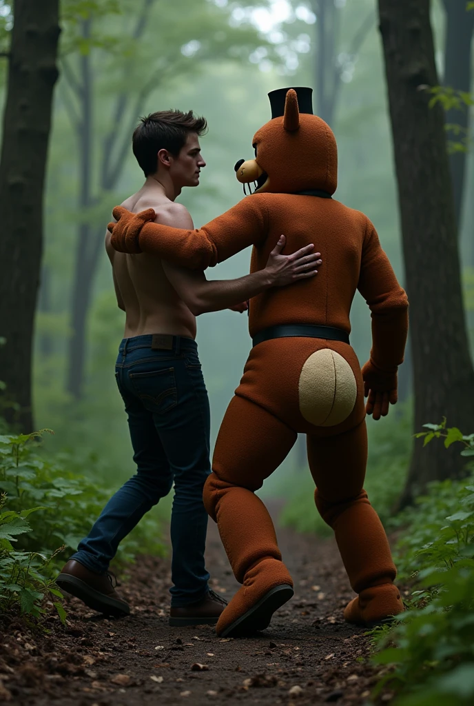 A tracking camera of Edward Cullen in the woods dancing bachata with Freddy from Five Nights at Freddy's showing a giant naked butt, big anal hole, uncovered anus, fluids, testicles and penis in view