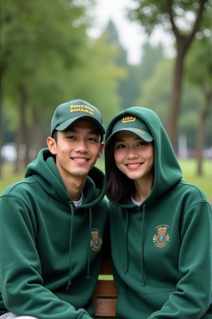 A pair of Indonesian lovers, clean faces, wearing hoodies green color wearing baseball caps, sitting on a park bench, photo facing front,super HD photography, sophisticated camera 