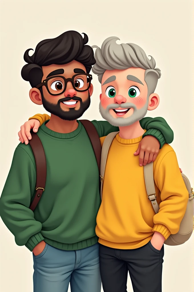 cute gay couple, chubby tanned boy with short wavy black hair, brown eyes, with mustache and bushy beard, round brown glasses, with green sweatshirt and jeans and chubby white boy, green eyes, light gray hair, short beard, yellow sweatshirt and black pants, with beige ecobag