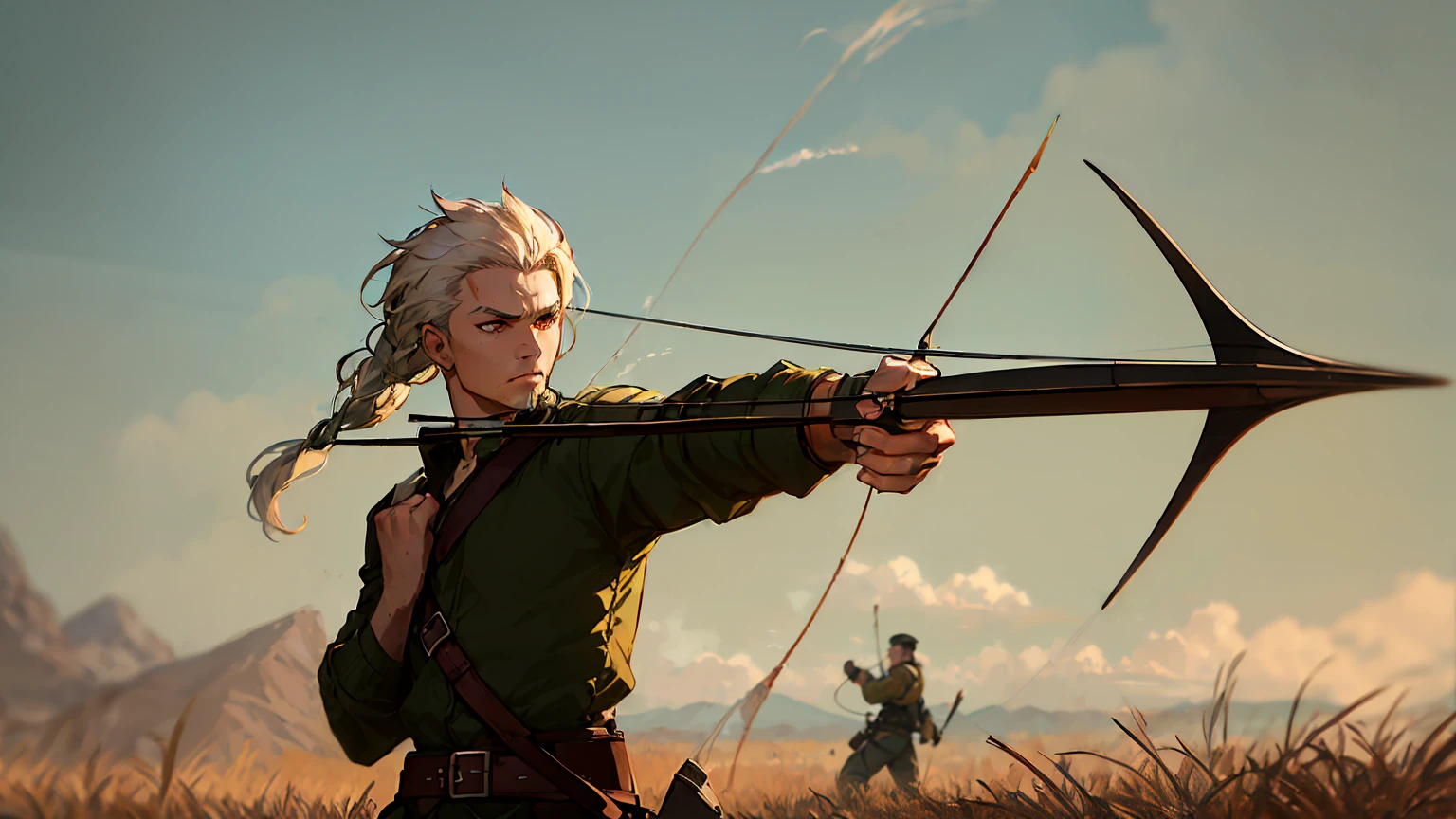 Archer firing an arrow on a dusty battlefield。Realistic style, cool and high quality