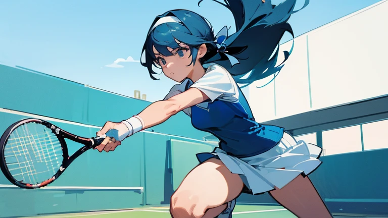 On the tennis court、Please draw an illustration of a woman holding a tennis racket and powerfully serving the ball.。The woman has a concentrated expression、It shows dynamic movement.。The background features a blue sky and court lines.。