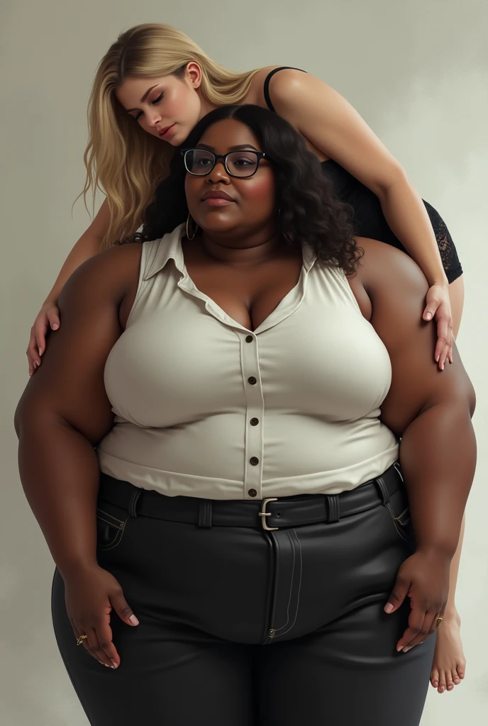 Create a realistic image of a 20 year old woman, obese, with black and dark skin, wearing a white shirt and black skirt and glasses, lifting a 2 woman from the ground and carrying her on her shoulder, who is lying on their back, with light white skin, blonde hair long, slim body, with a long, tight black blouse and wearing black lace lingerie