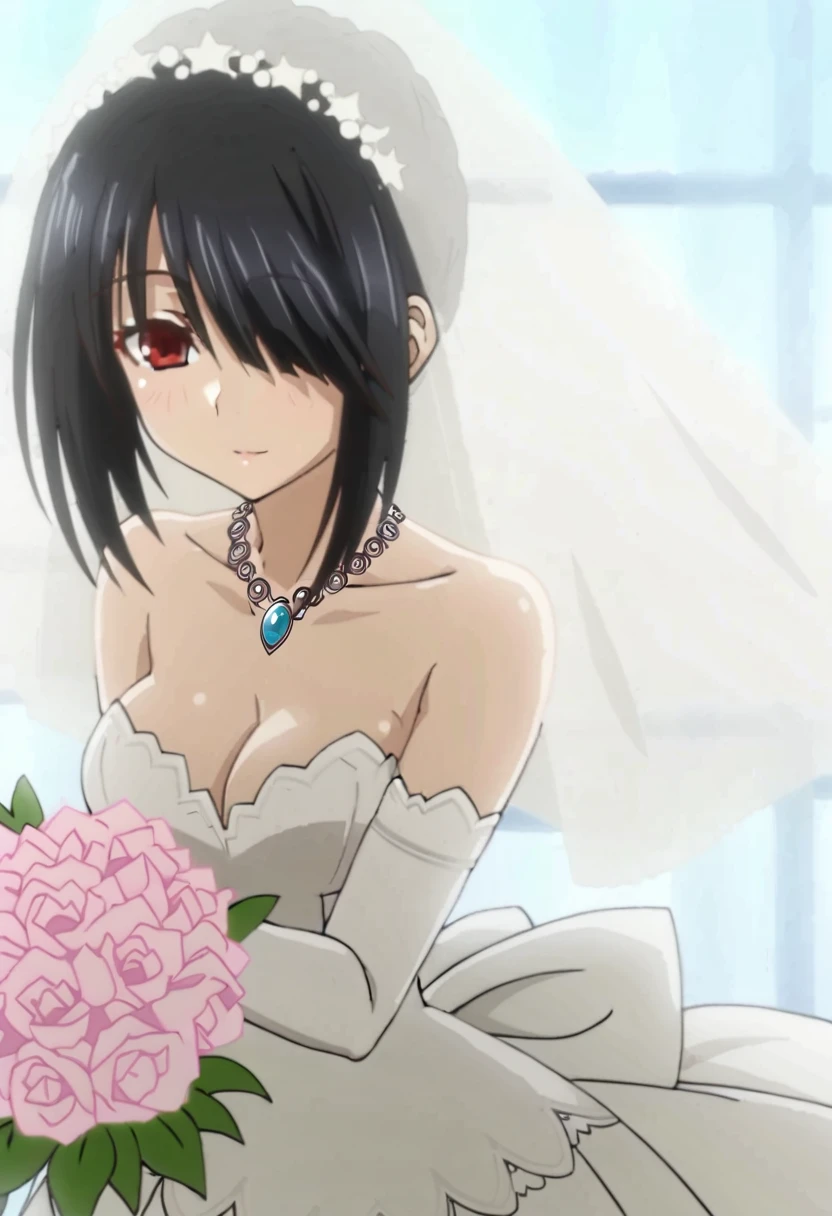 tokisaki kurumi, (((Best quality))), ((Ultra-detailed)), ((illustration)), ((Disheveled hair)), ((frilld)), (1 girl),(Solo), 1girl, black hair, bouquet, , dress, elbow gloves, flower, gloves, jewelry, necklace, veil, wedding dress, window
