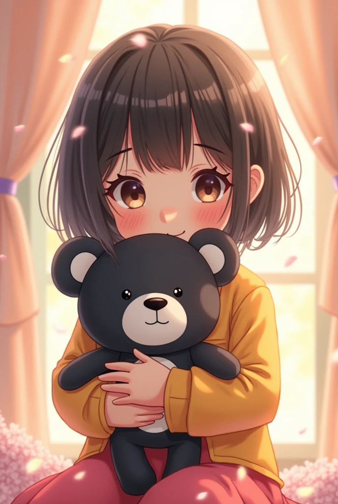 anime holding a black and white teddy bear to color