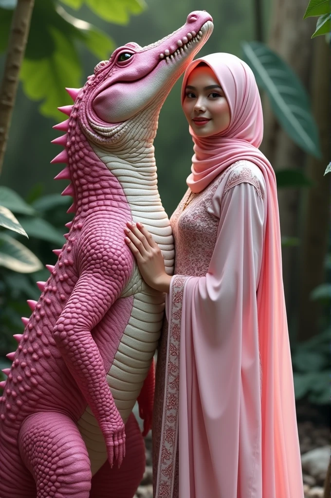Beautiful lady hijab duet with animal crocodile pink