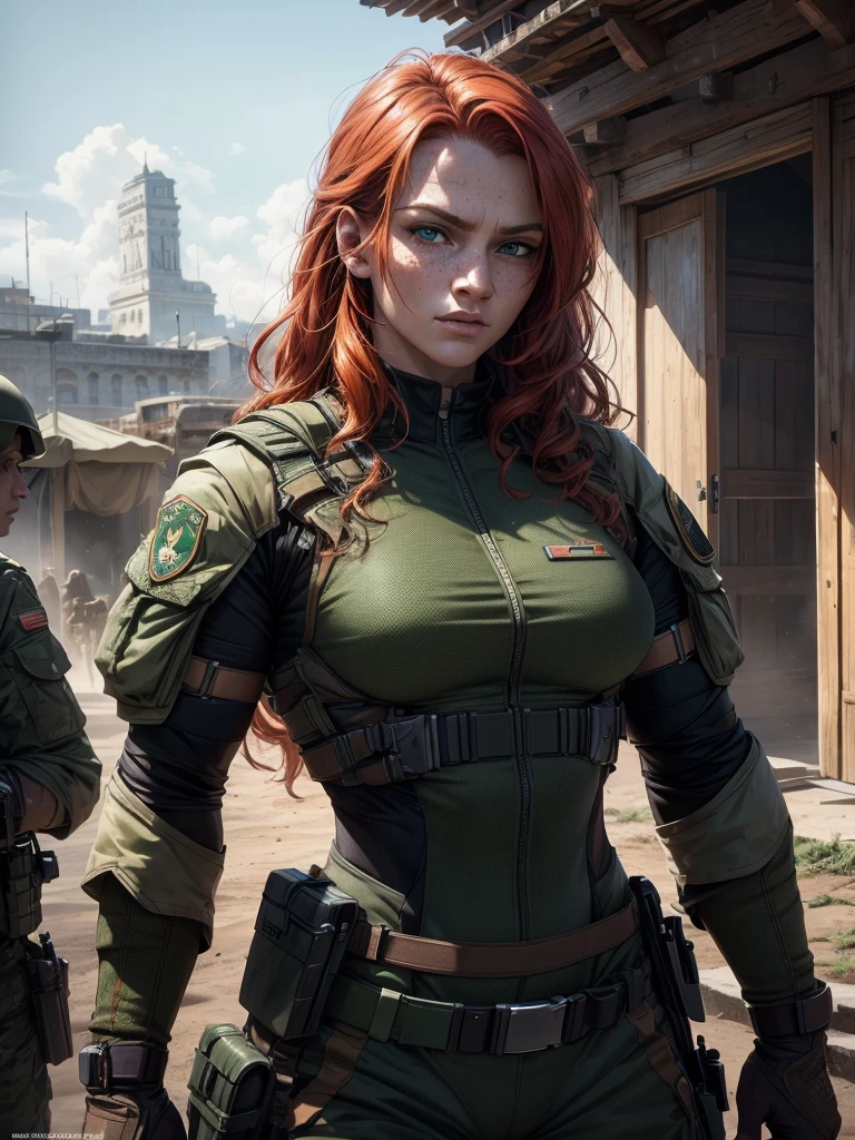 a red-haired girl with pale skin and freckles, long curly light orange hair, emerald green eyes with a sarcastic expression, muscular body wearing modern Brazilian military combat costumes, highly detailed and expressive face, (best quality,4k,8k,highres,masterpiece:1.2),ultra-detailed,(realistic,photorealistic,photo-realistic:1.37),portrait,concept art,dramatic lighting,vivid colors,intricate details, (Avoid deformed and poorly drawn eyes)