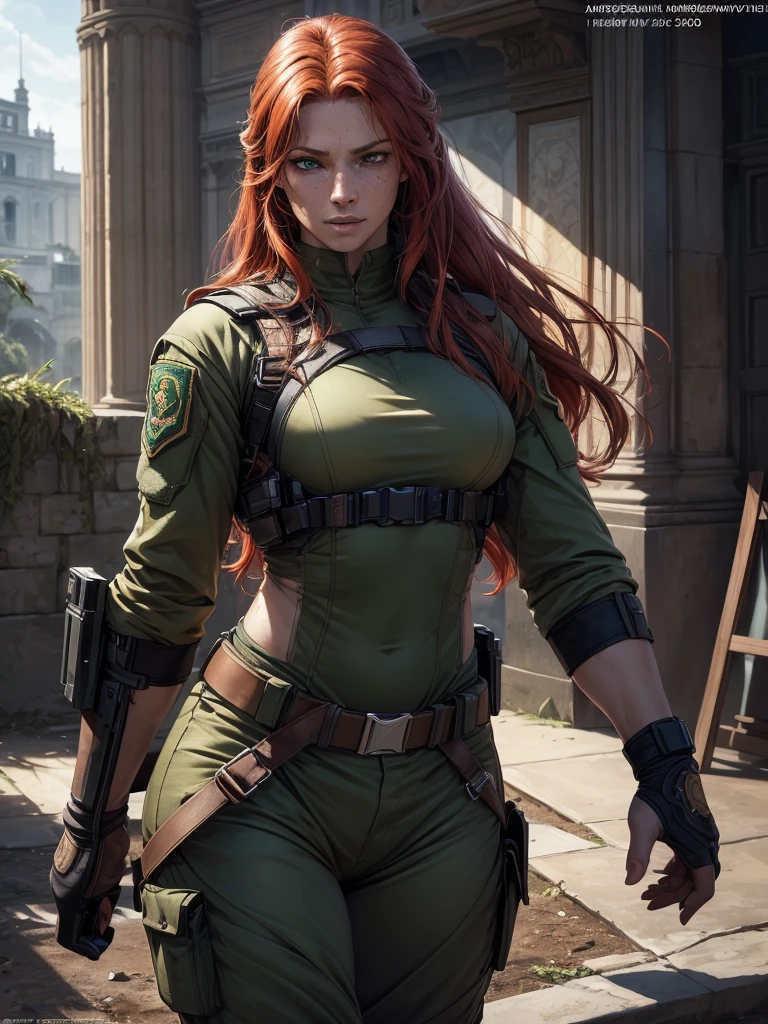 a red-haired girl with pale skin and freckles, long curly light orange hair, emerald green eyes with a sarcastic expression, muscular body wearing modern Brazilian military combat costumes, highly detailed and expressive face, (best quality,4k,8k,highres,masterpiece:1.2),ultra-detailed,(realistic,photorealistic,photo-realistic:1.37),portrait,concept art,dramatic lighting,vivid colors,intricate details, (Avoid deformed and poorly drawn eyes)