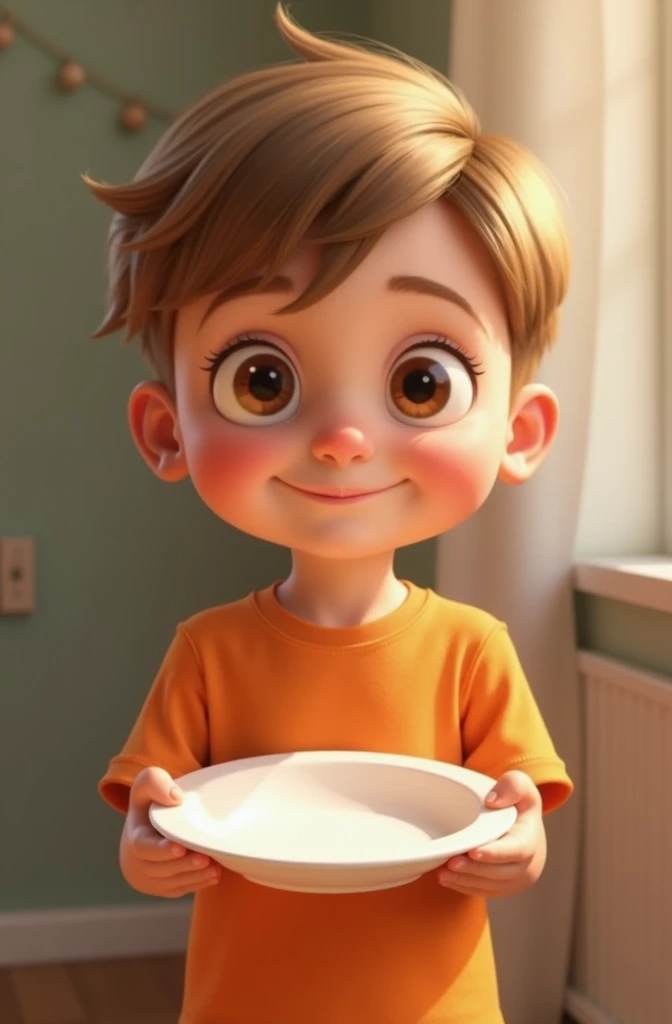  child holding a white plate.Dark blonde hair color. Social haircut combed to the side. honey-colored eyes ,Wearing an orange t-shirt. Pixar-style 
