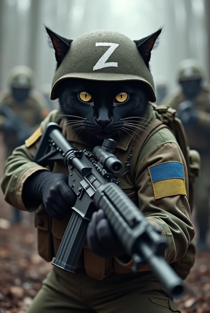 A black cat fighting against Ukraine with a rifle in his hand, wearing military clothing and with the letter Z in white on his arms and helmet, he is in the trenches.