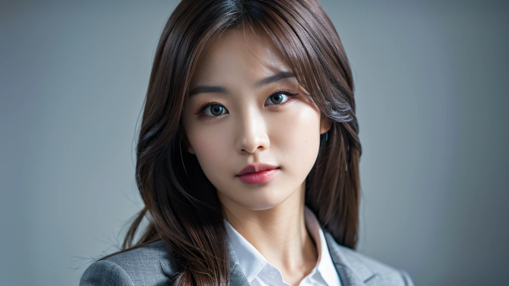 (Detailed face),vivid,beautiful,Gray business suit,4K,Ultra-high resolution,（Photorealistic：1.7）,Gray background,Long Hair,