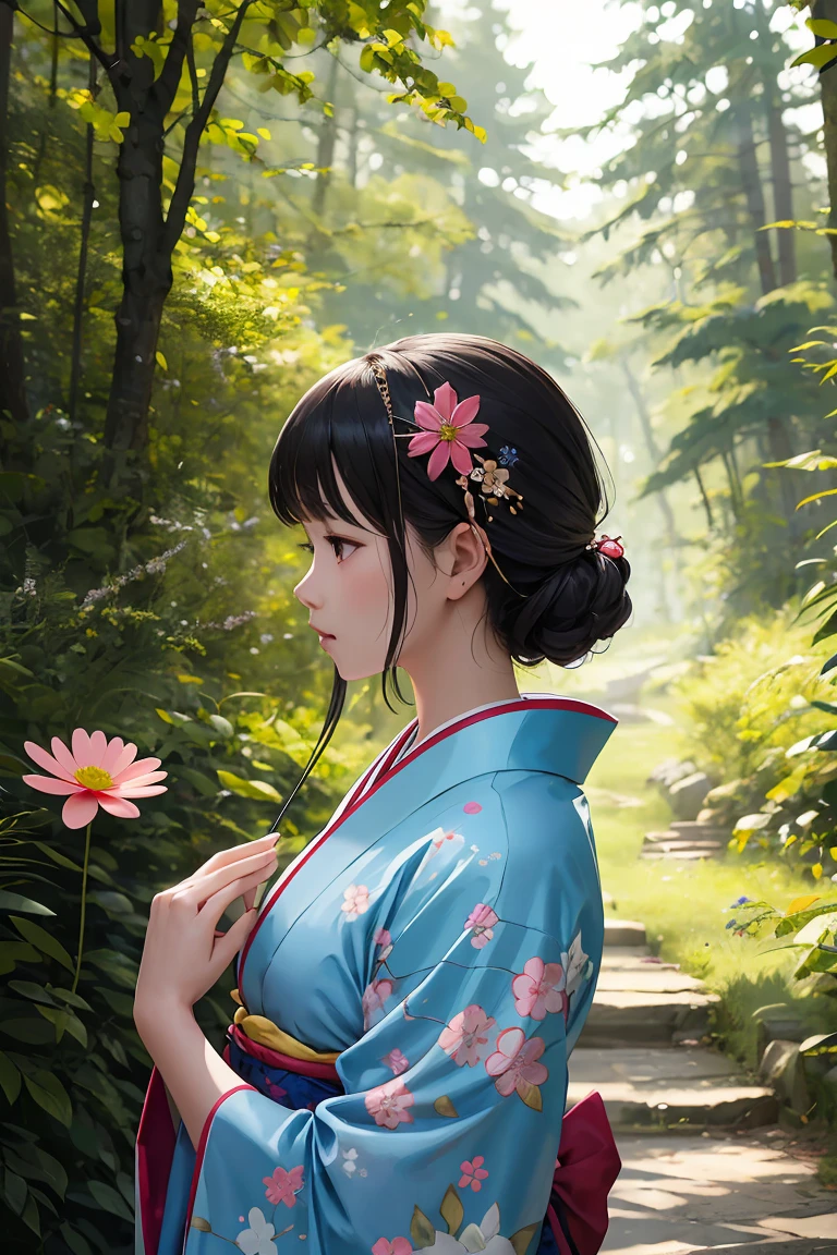 masterpiece ,Highest quality, delicateな髪の美しい女性, Flowers, forest, Pink cosmos field,profile,Fleeting,beauty,delicate,Cinematic,Japanese women,profile,mature,Shiny woman,downward profile,light blue floral kimono,Genuine,Cosmos Hair Ornament,Posing to be thinking,Please put your hand over your mouth,