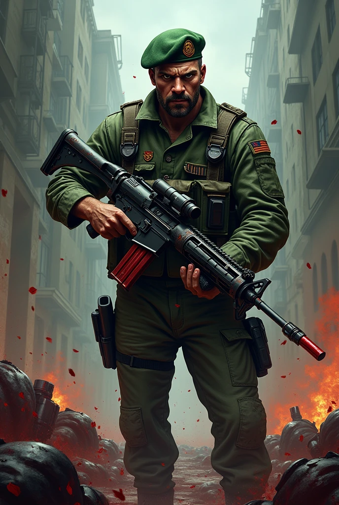 Soldier with green beret evil killer with bloody knife minigun weapons and dead bodies in cartoon