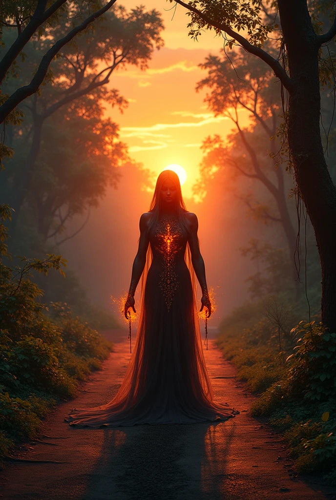 Mehandera Thar in black glow in sunset ultra realistic standing on road in jungle 8k road sunset ultra realistic 