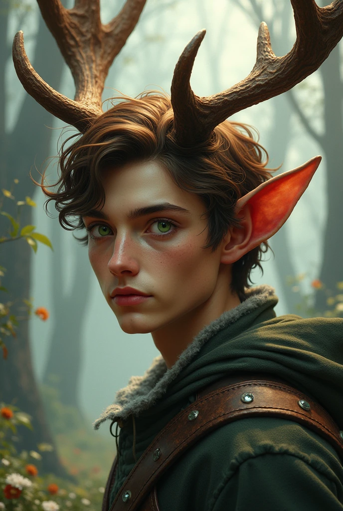 a 20 year old boy half human and half deer, with green eyes and brown hair, with deer antlers on his head