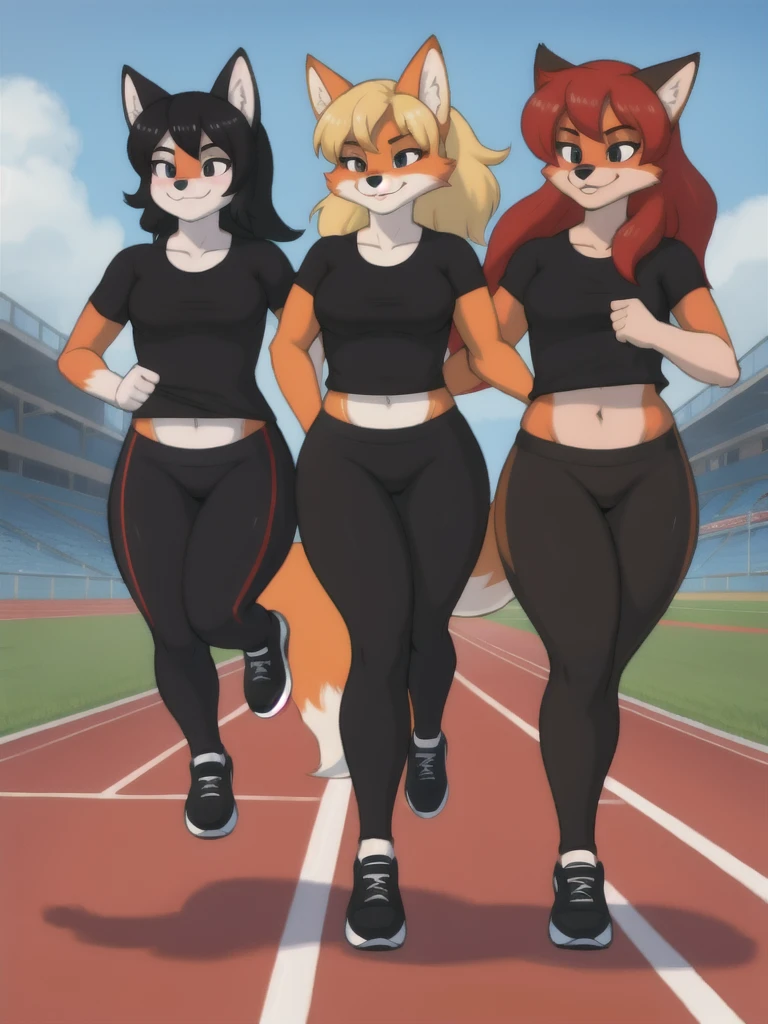 Furry, fox, female, black shirt, black leggings, shoes, running track, friends, full body