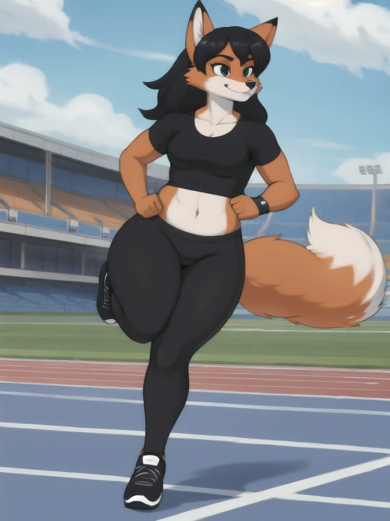Furry, fox, female, black shirt, black leggings, shoes, running track, friends, full body