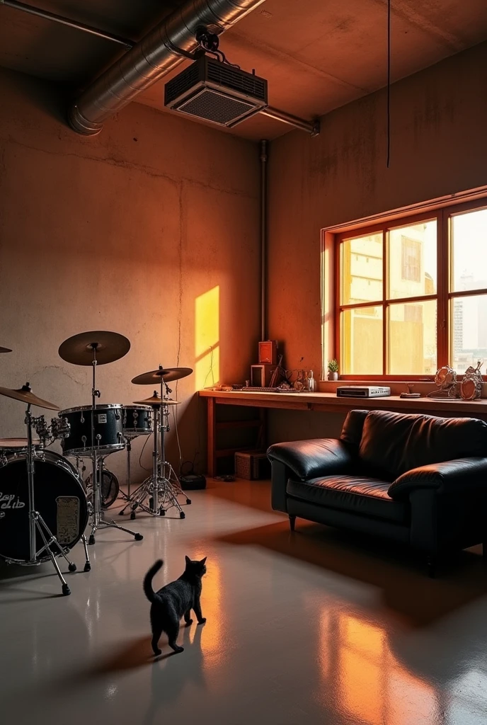 Room, bare concrete, exposed ceiling, large workbench, black sofa, orange indirect lighting, dressing room, cat, musical instruments, drums, black drums, projector, exposed ceiling tubes