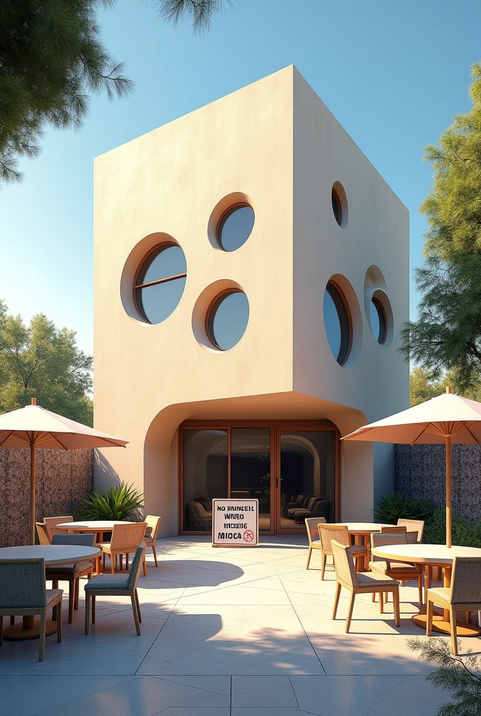 Image in architectural drawing style, unrealistic, fullcolor, as if it had been made in design software by an architect ,of a beautiful rectangular building, form of surplus ,with 4 circular shaped windows, events house, with patio in front containing empty tables and chairs, indoor party, with a small warning sign on the wall saying no drinks and another large sign like the venue&#39;s sign written "Platinum Events"