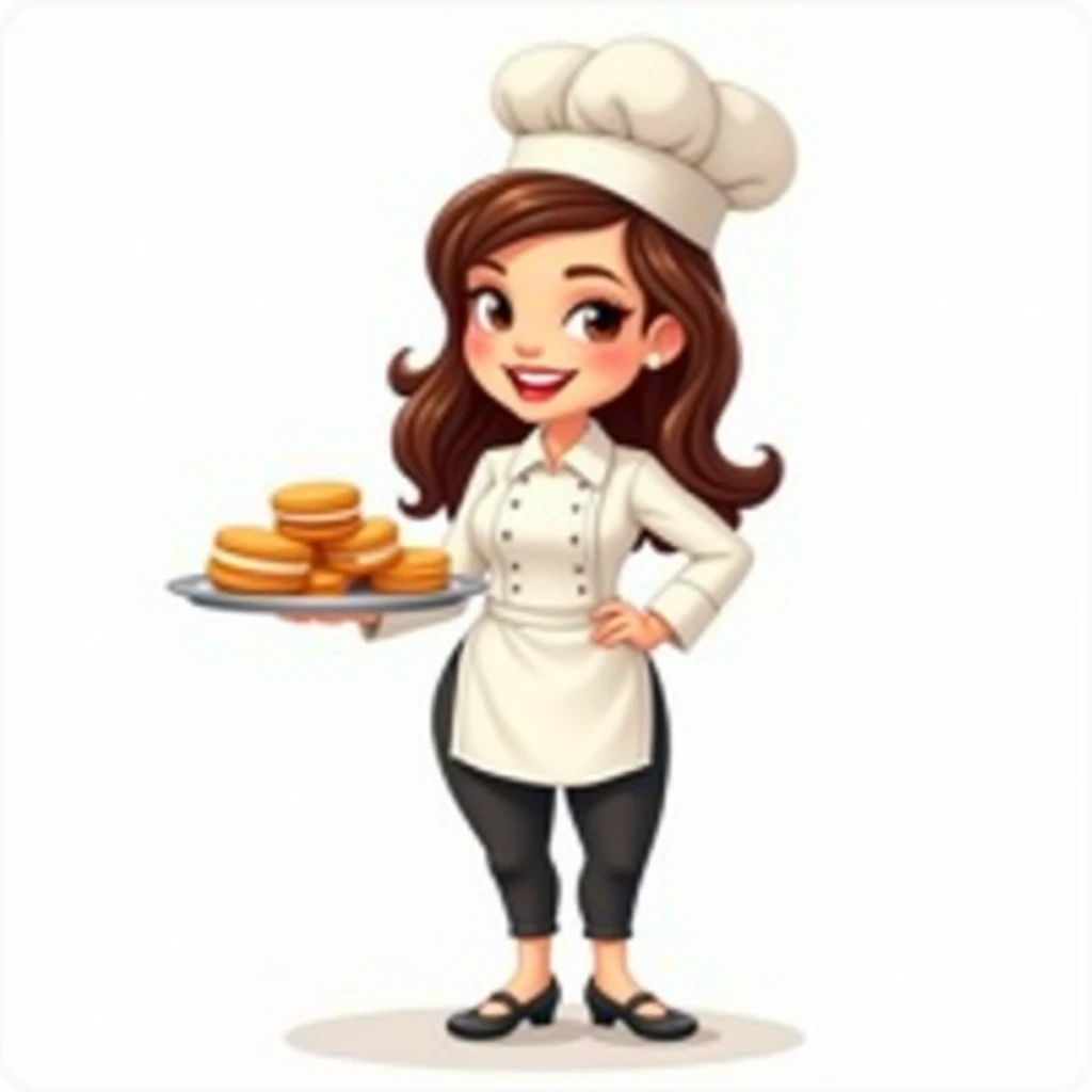 Make me a full body mascot logo about coconut macaroons make the mascot hold the coconut macaroons and make the backround white make it a human adult woman make her wear a chef attire make it so that i can see the chef hat and the body dont make it 3d