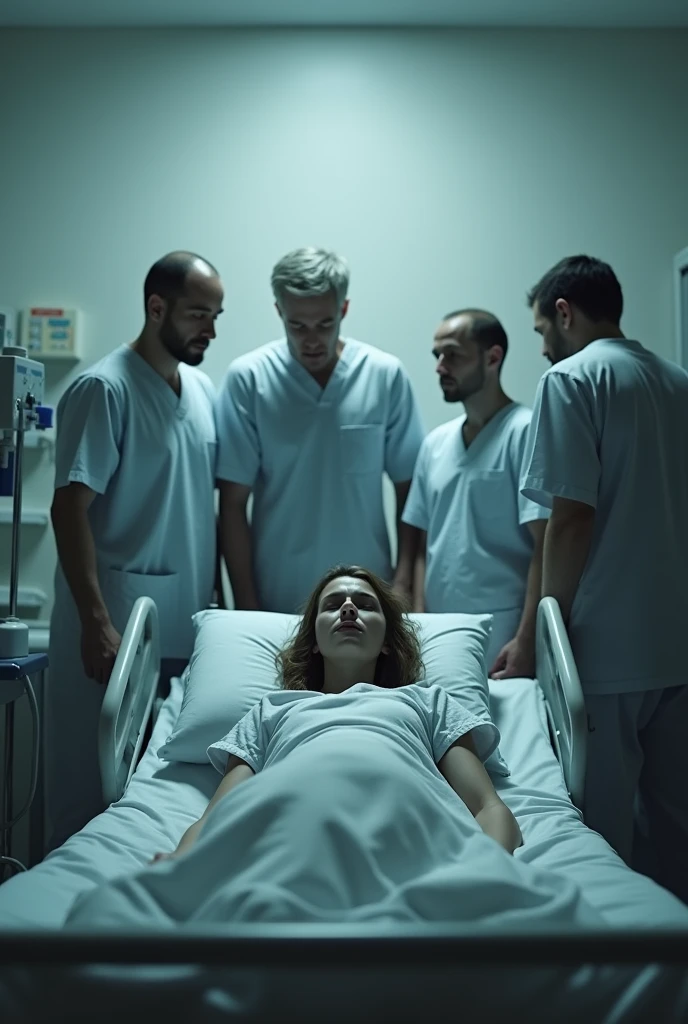 Create a photo of a woman lying on a hospital gurney looking at her family as they cry a lot holding her hand, add a man in black whose face you can't see coming out of the shadows in the corner of the hospital room