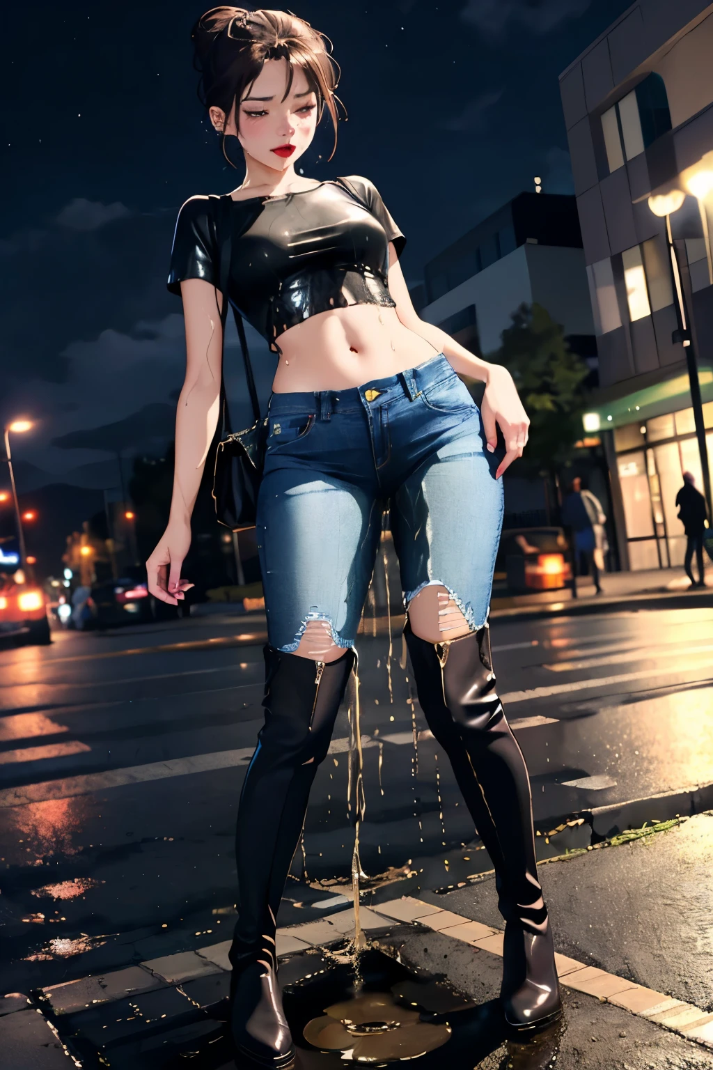 anime, highres, beautiful women, high detail, good lighting, lewd, hentai, (no nudity), (((jeans))), ((tight leather top)), (((leather thigh high boots))), bare midriff, ((wet crotch)), (((peeing herself))), (((wetting herself))), ((((peeing self))), (pee streaming down legs), peeing stain, (puddle), (thick thighs), nice long legs, lipstick, detailed face, pretty face, hair tied up, embarrassed blushing face, humiliated, ((on public sidewalk at night))