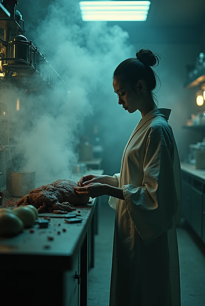 editorial photography,super detailed background,Super realistic,double exposure,depth of field,beauty super slender skinny female vides,soft focus darkness tone,narrative scene,A dimly lit lab where immoral and contraindicated experiments are conducted,Toxic colored smoke fills the floor,There are many culture tanks lined up that are large enough to hold a human,mad scientist woman dissect the HR giger style creature,wabi-sabi kimono,A cage that confines a beast,from front,waist shot,lots of experimental equipment,gas mask,devil's ,